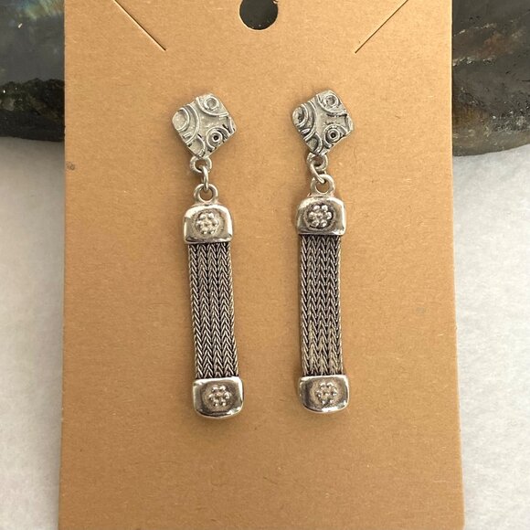 Signed Greek Pipis Sterling Silver 925 Foxtail Chain Dangle Drop Earrings - Picture 1 of 16